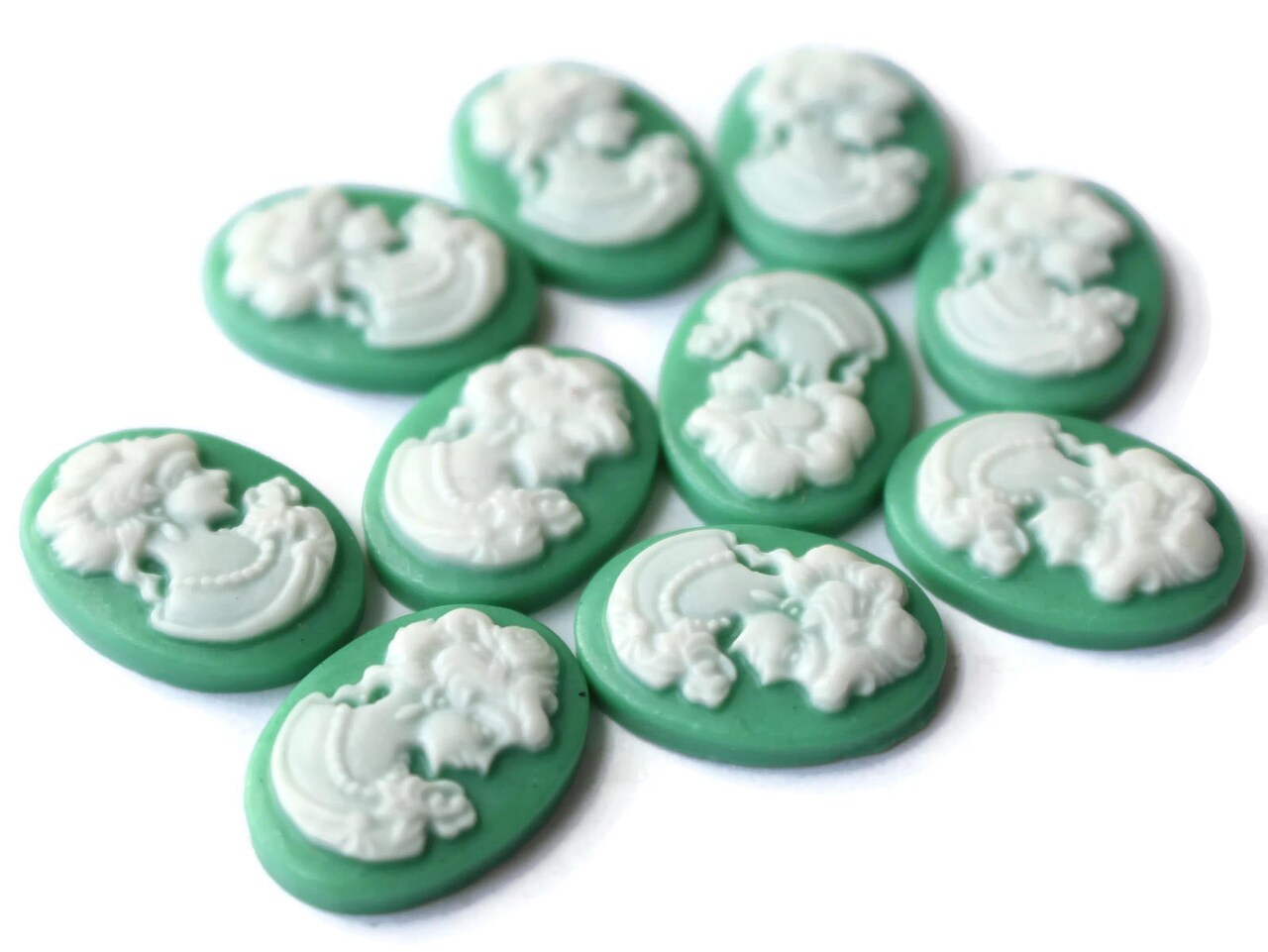 10 18x13mm Green Cameo Cabochons Victorian Womans Face Cameo Flat Back Cabochons